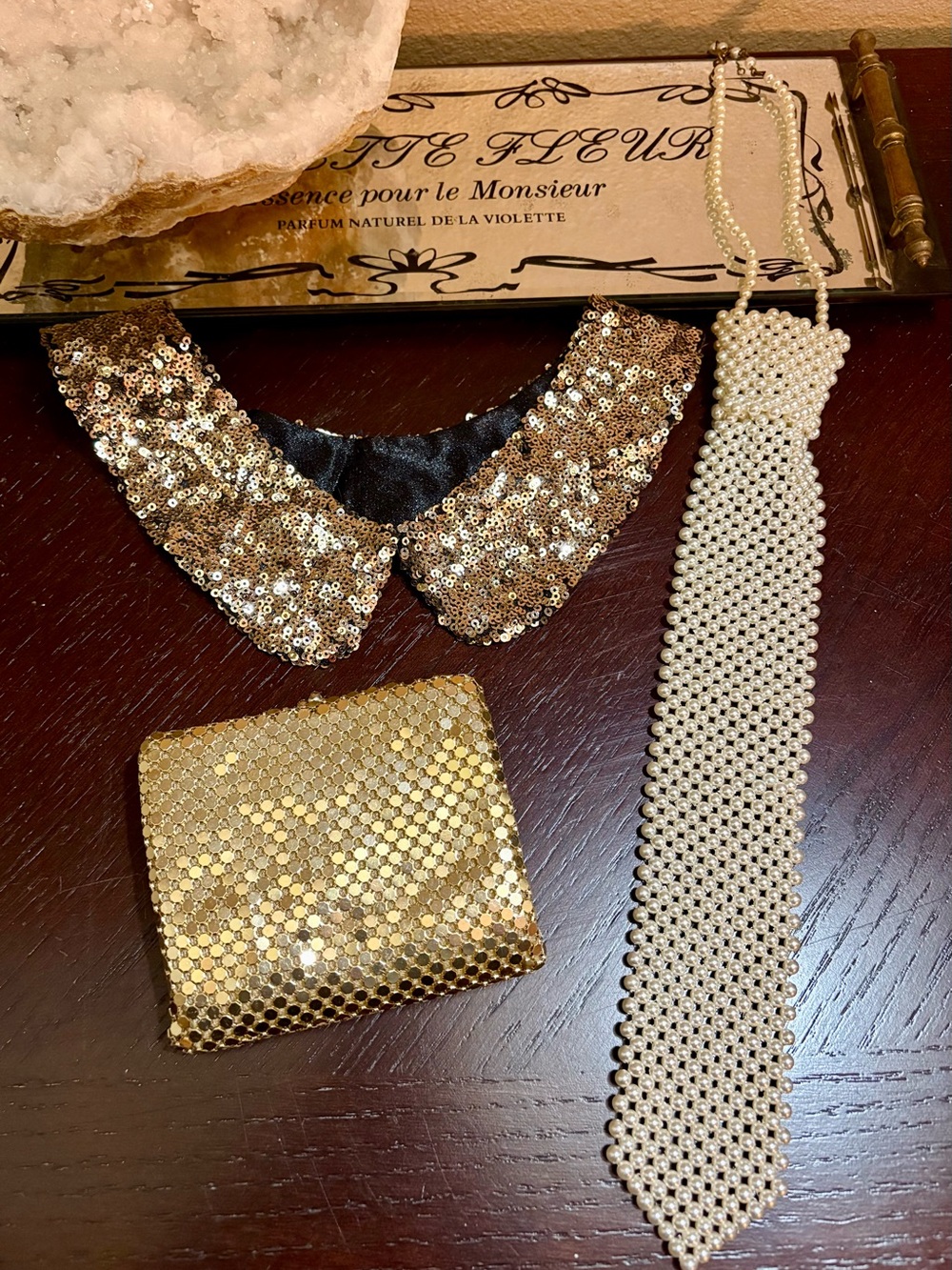Retro Glam Gold Sequin Collar, Gold Mesh Wallet, and Pearl Mesh Necklace Set